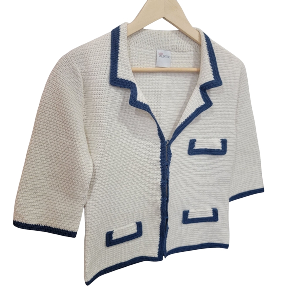 Red Valentino Woven Cardigan Blazer Cream Blue Knit Jacket Women’s XS - Picture 4 of 17